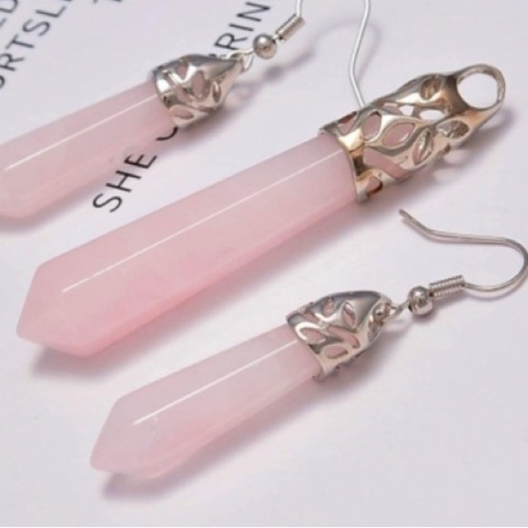 Natural Rose Quartz 925 Sterling Silver Earrings and necklace set - Picture 2 of 12